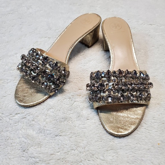 Tory Burch Beverly Metallic Gold Embellished Luxury Jewel Slide Heel Sandal 8 - Picture 1 of 16